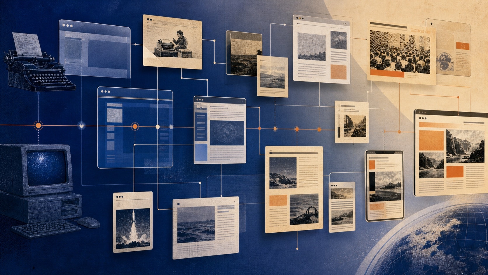 Abstract network of article pages representing early online directories