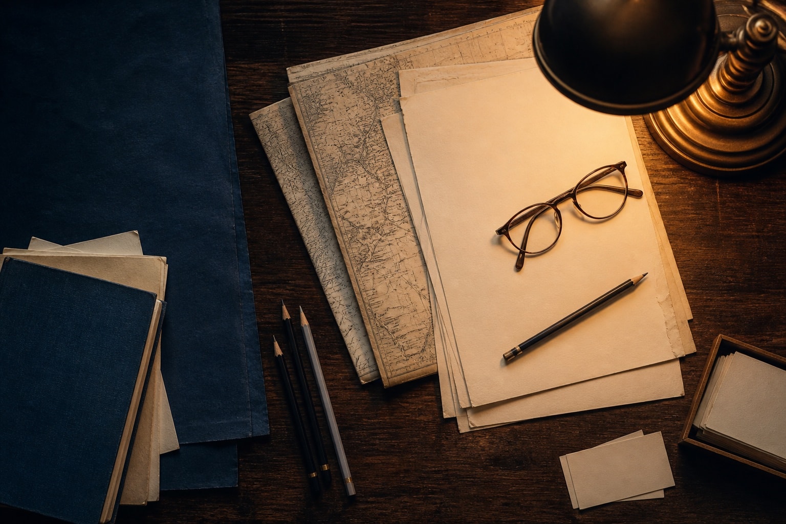 Editorial desk with papers, map, pencils, and reading glasses