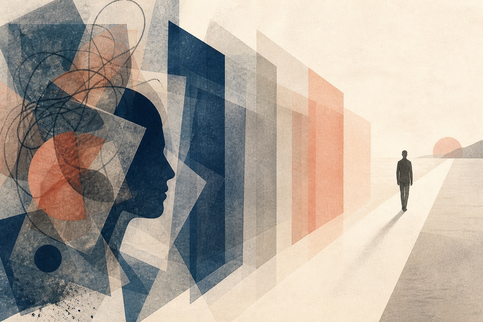 Layered shapes aligning into a clear visual pathway