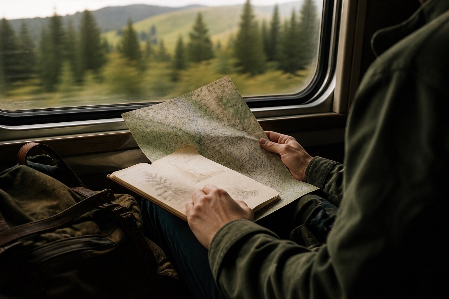 Reader comparing a travel notebook with a map during a journey