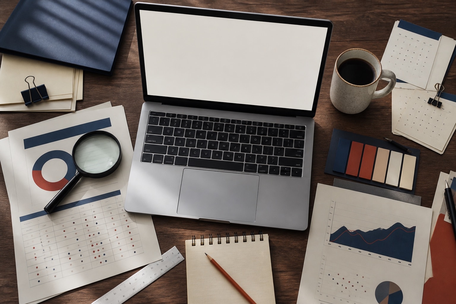 Organized fact-checking desk with notes, charts, and magnifying glass