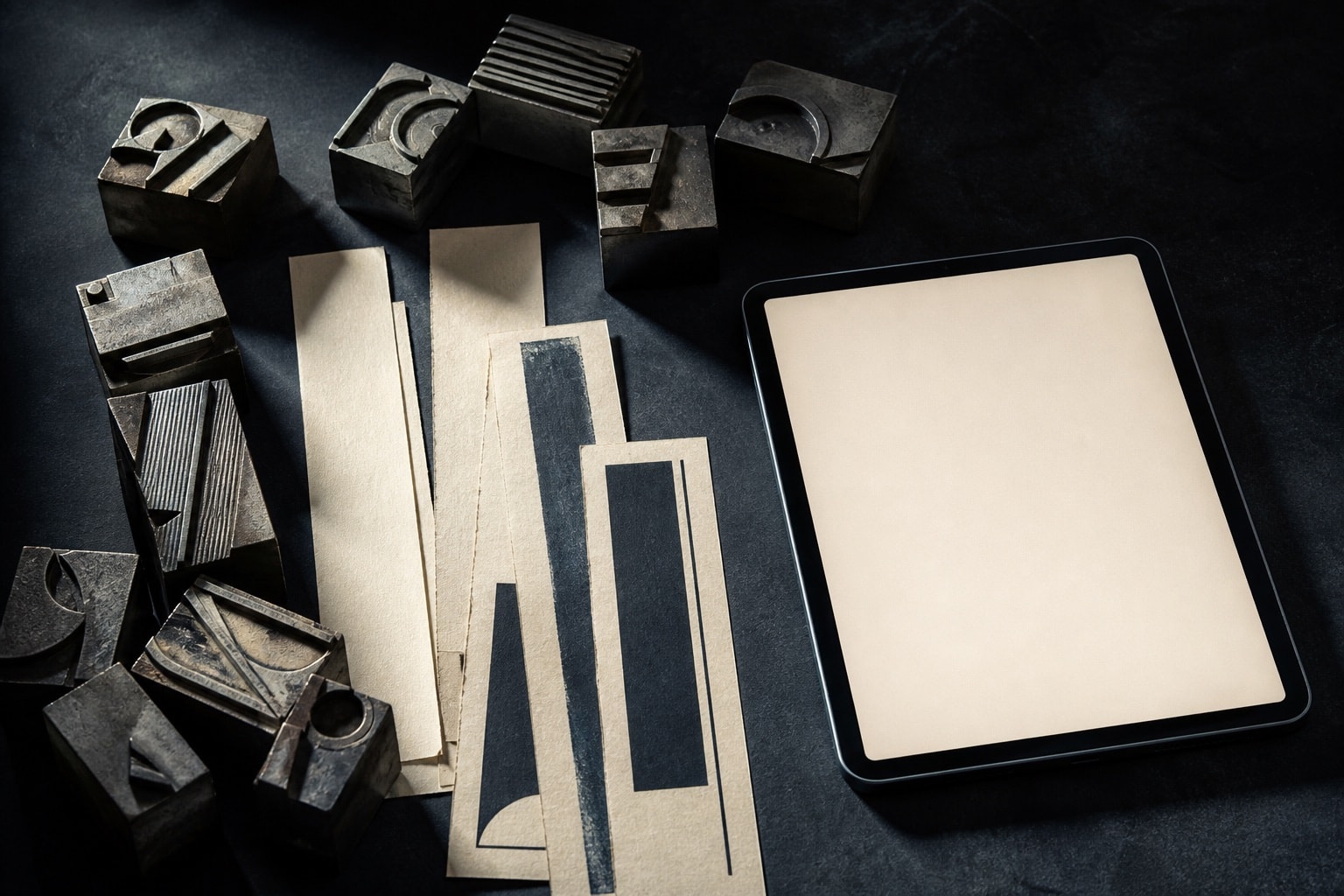 Letter blocks and blank newsprint representing headline craft