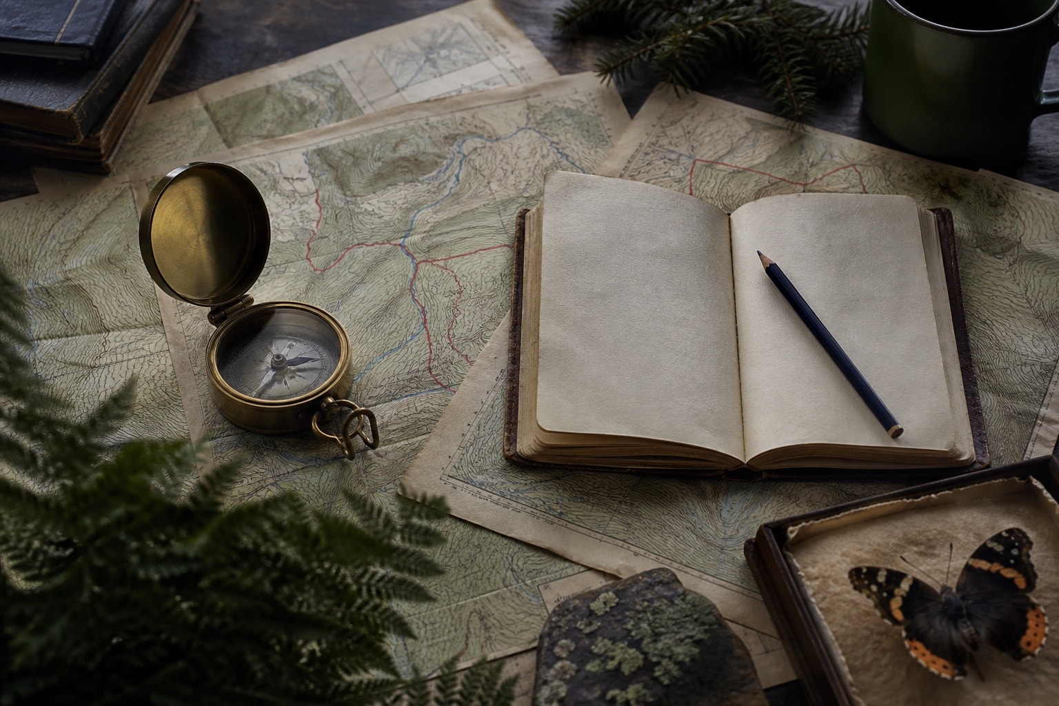 Maps, compass, and notebook arranged for destination research